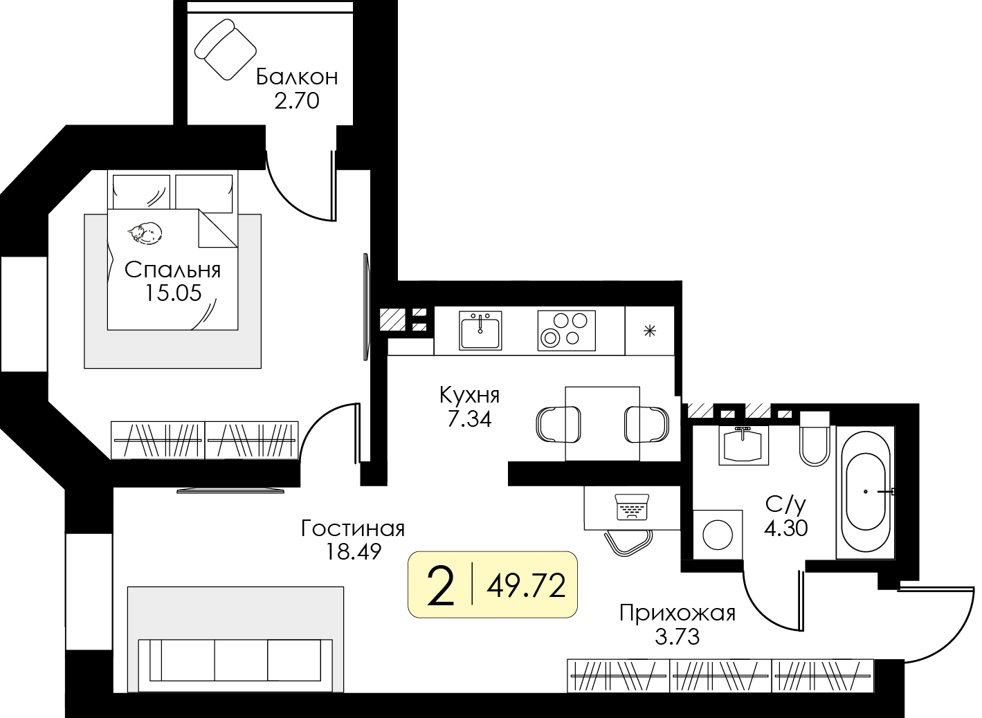 1-комнатная 49 м2 в ЖК Урбан Парк корпус null этаж 14