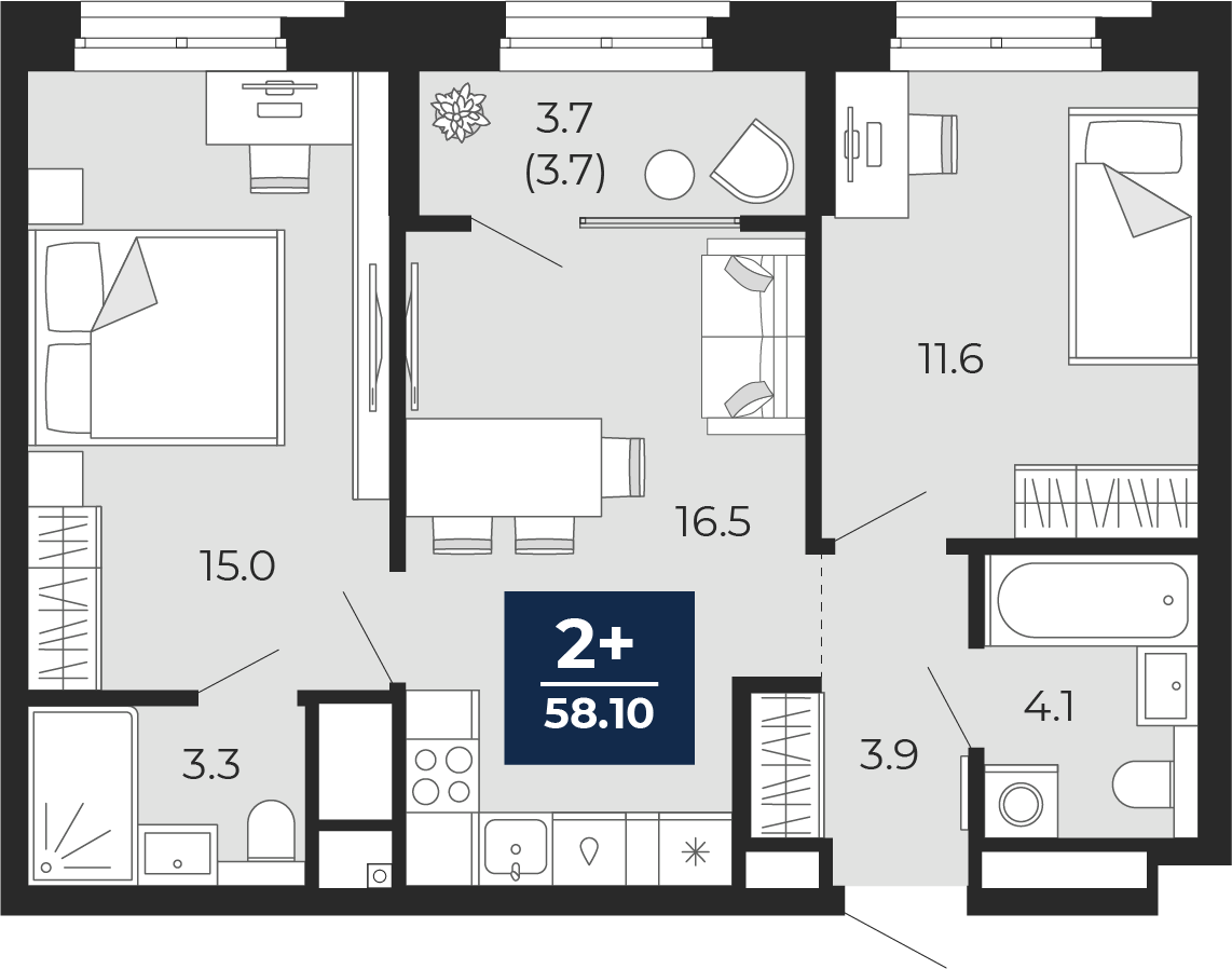 2-комнатная 58 м2 в ЖК Мириады корпус null этаж 10