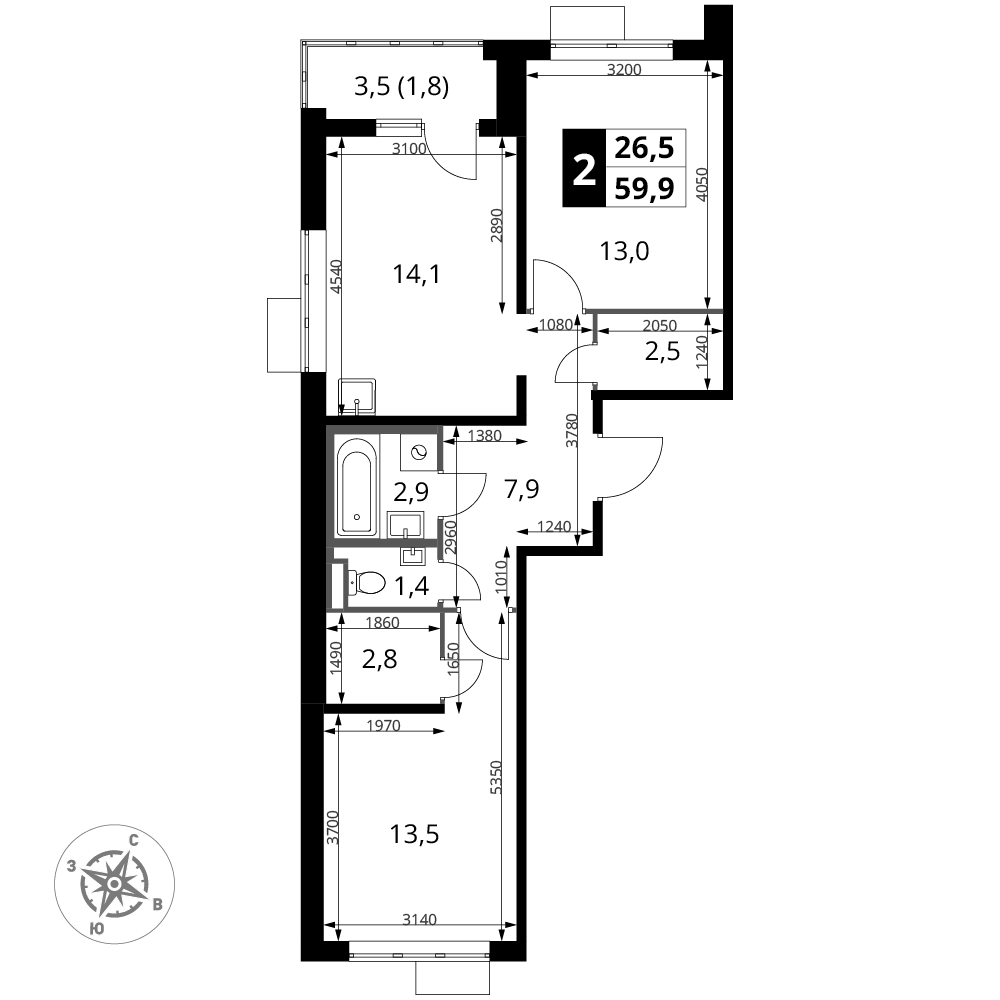 2-комнатная 59 м2 в ЖК 1-й Донской корпус null этаж 24