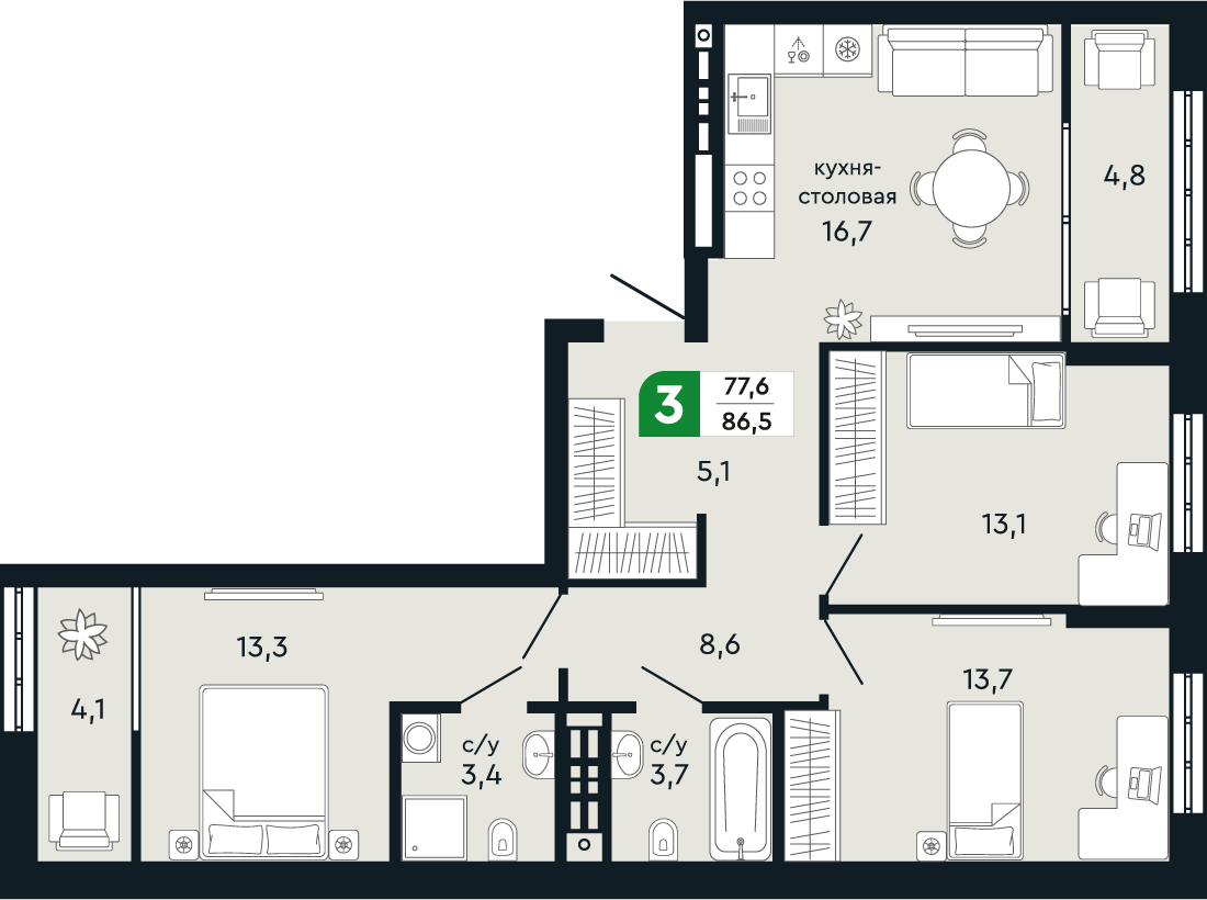 3-комнатная 86 м2 в ЖК Green Park корпус null этаж 5