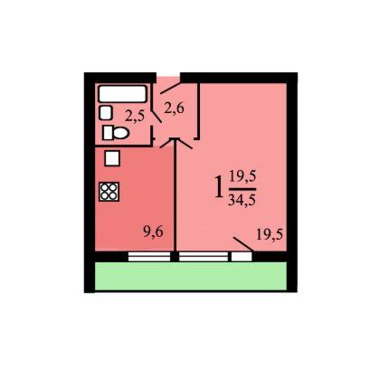 1-комнатная 34.5 м2 в ЖК undefined корпус null этаж 1