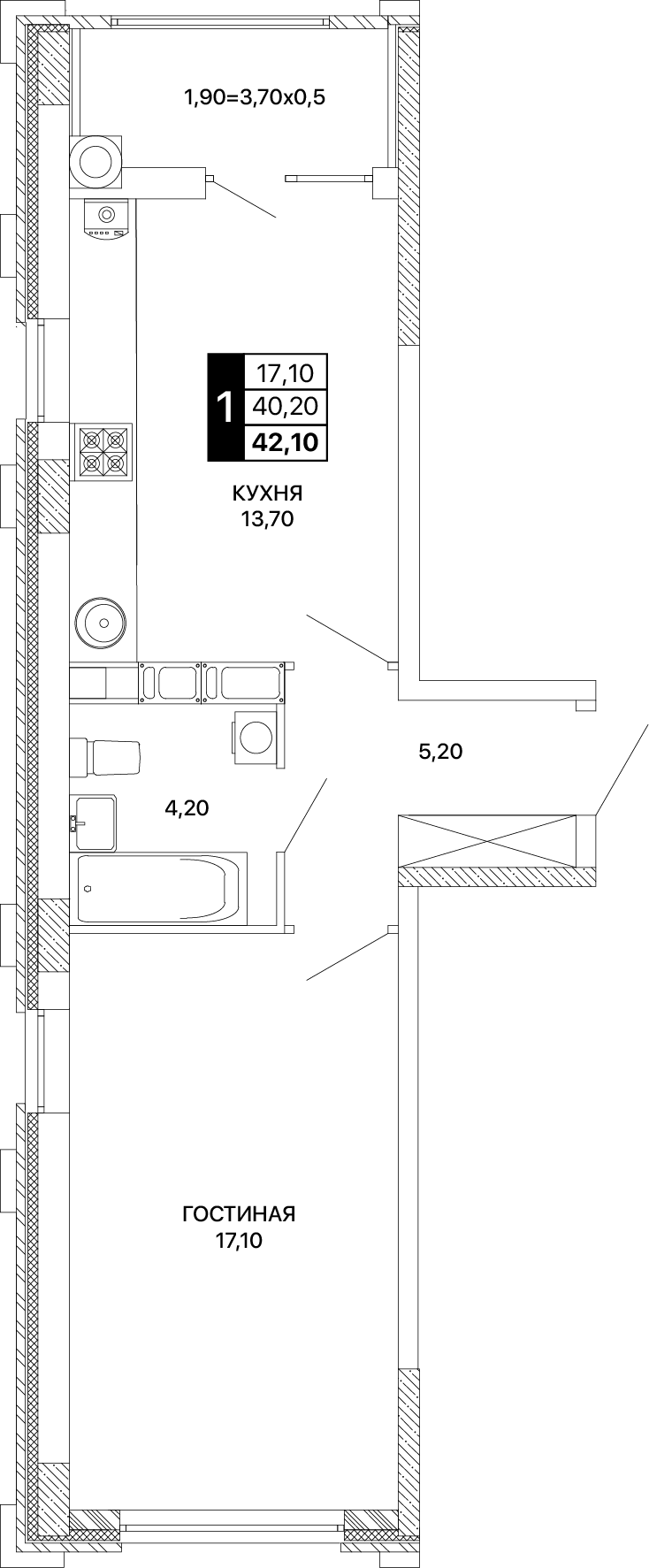 1-комнатная 42 м2 в ЖК Сияние корпус null этаж 11