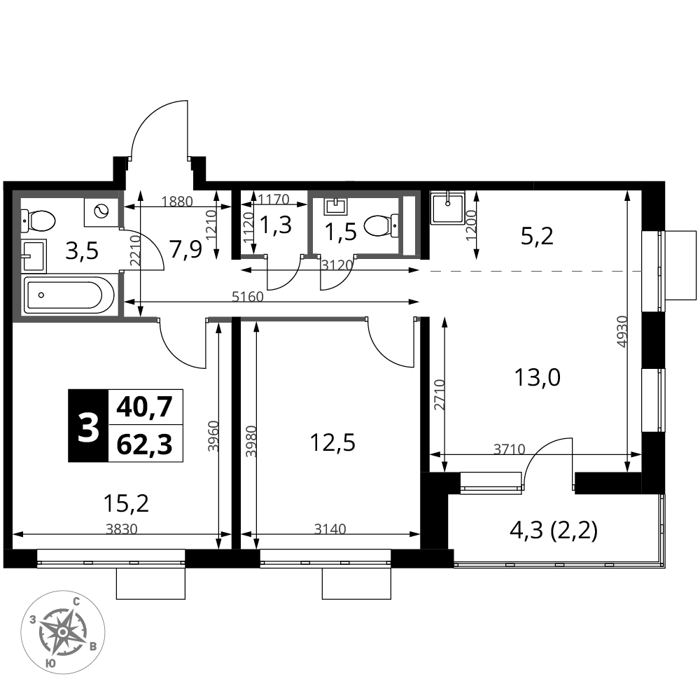 3-комнатная 62 м2 в ЖК 1-й Донской корпус null этаж 17
