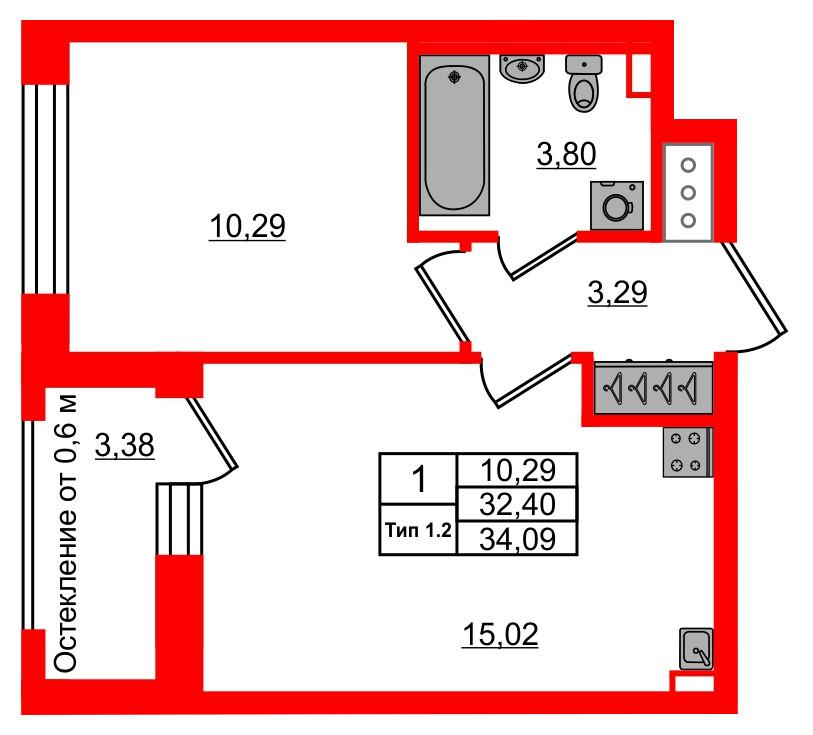 1-комнатная 32 м2 в ЖК Setl Ривьера корпус null этаж 8