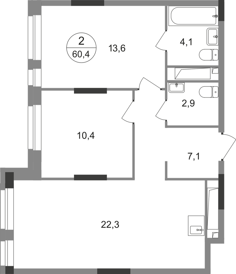 2-комнатная 60 м2 в ЖК Первый Московский корпус null этаж 14