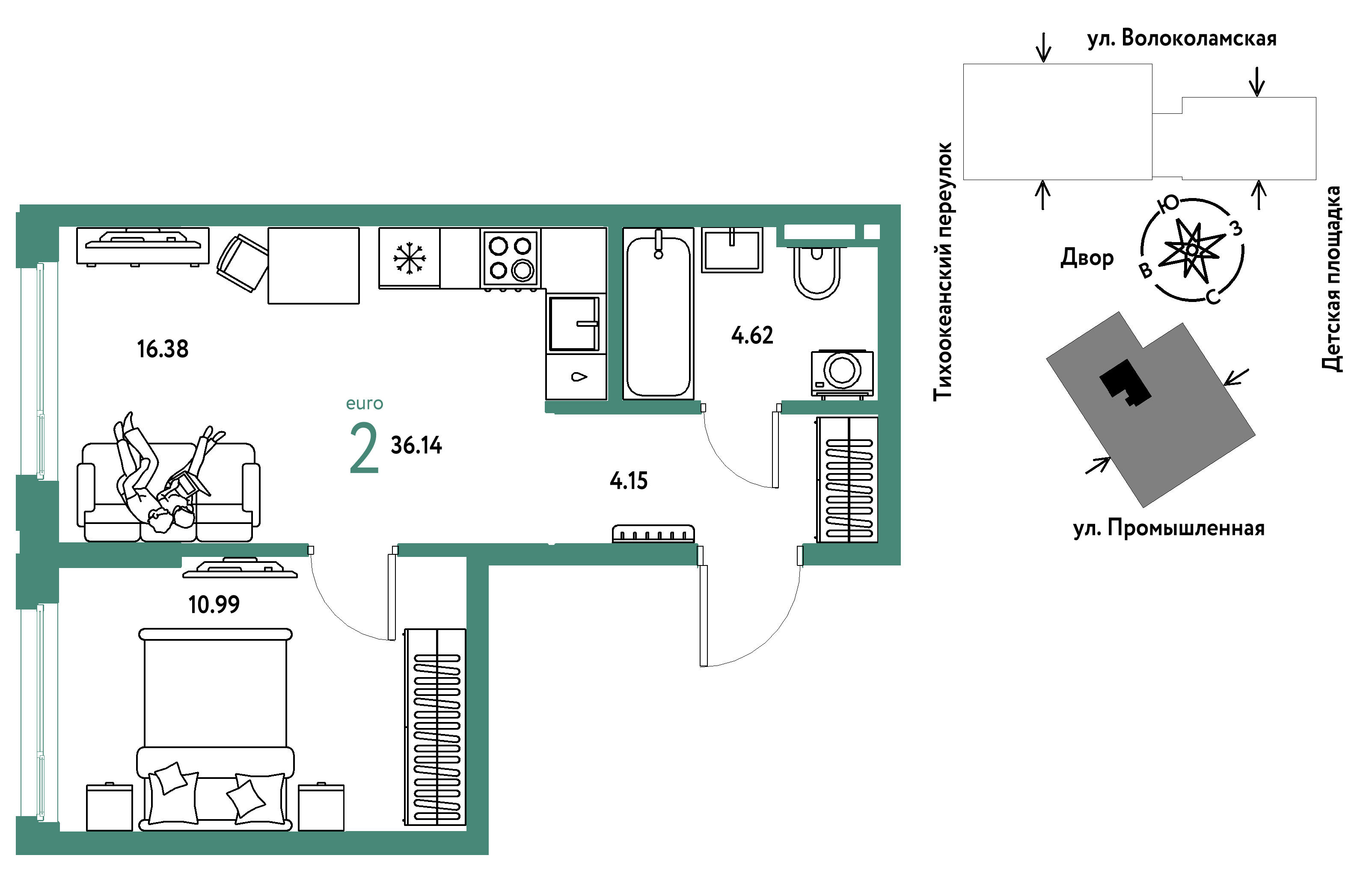 2-комнатная 36 м2 в ЖК Страна.Прибрежная корпус null этаж 14