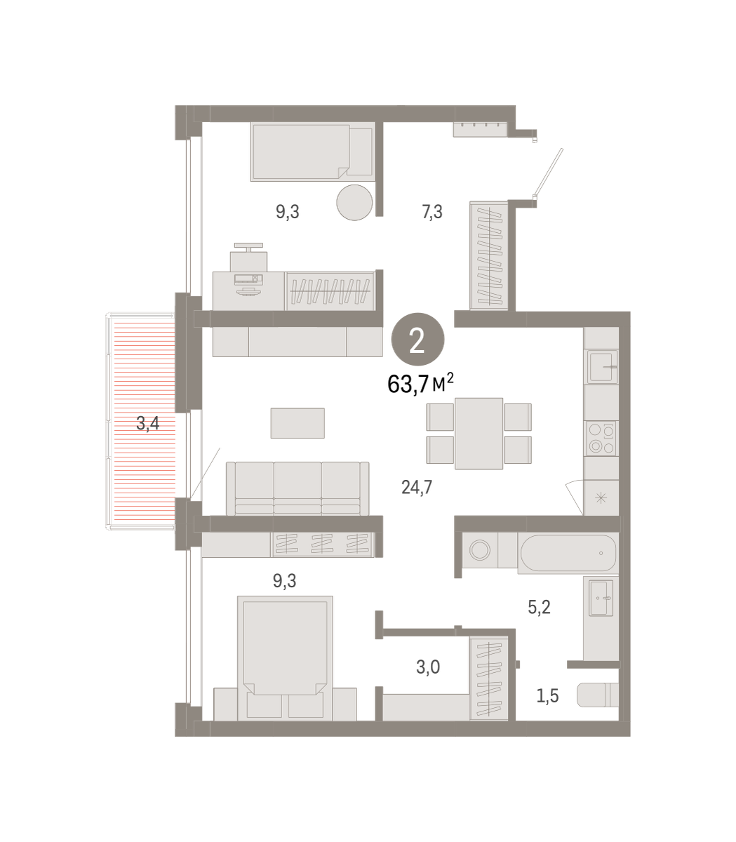 2-комнатная 63 м2 в ЖК Квартал Нефть корпус null этаж 8