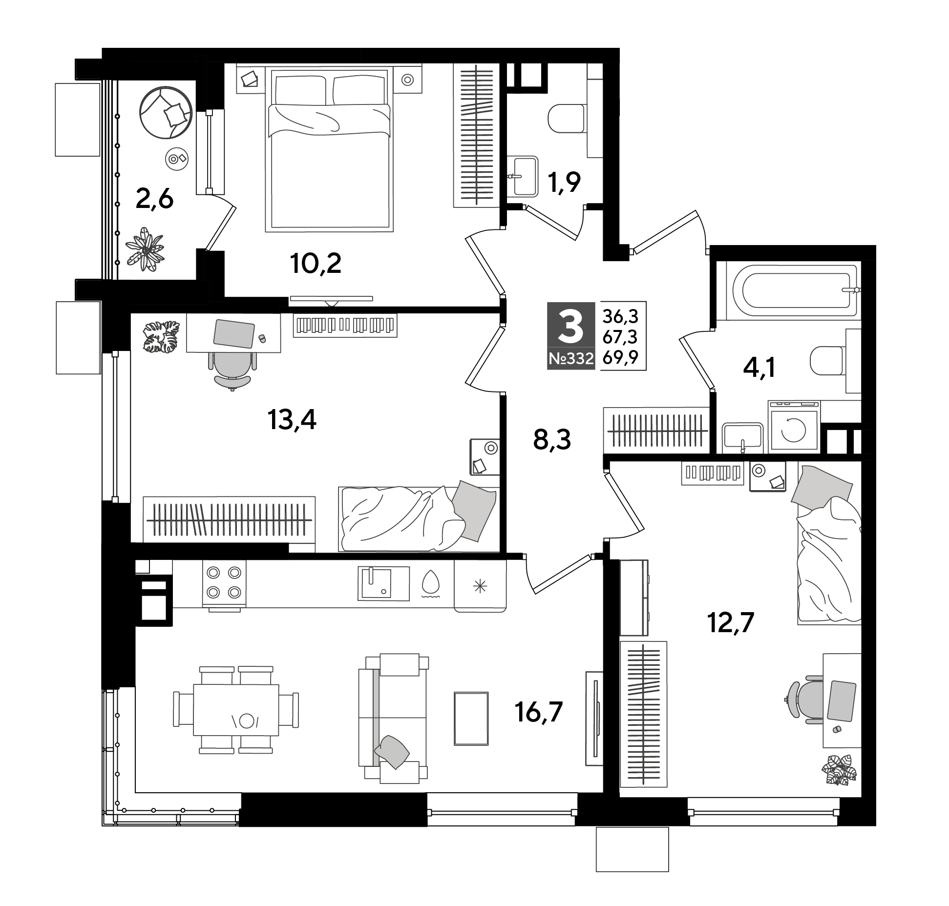 3-комнатная 69 м2 в ЖК Dogma Park корпус null этаж 9