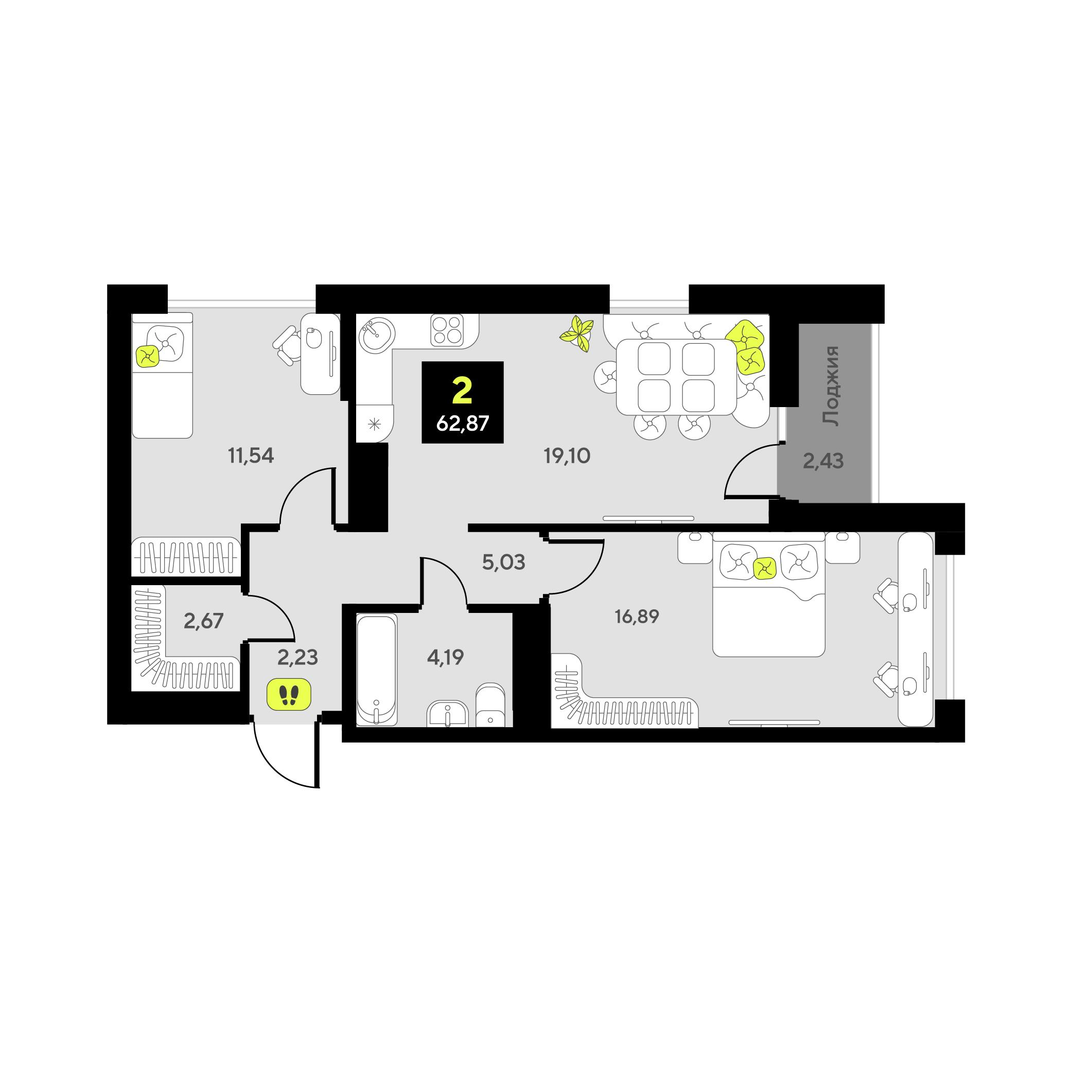 2-комнатная 62 м2 в ЖК Мотивы корпус null этаж 2