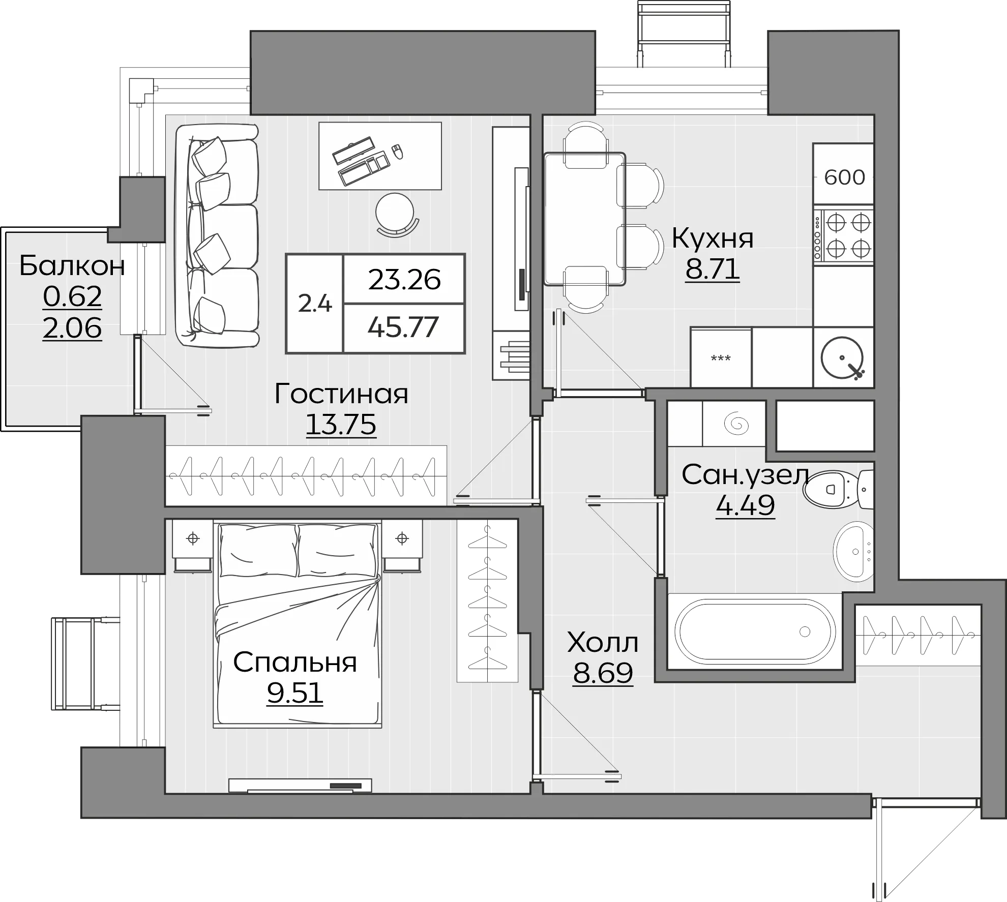 2-комнатная 45 м2 в ЖК Батталовский корпус null этаж 11