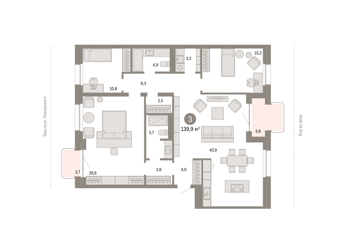 3-комнатная 140 м2 в ЖК На Декабристов корпус null этаж 3