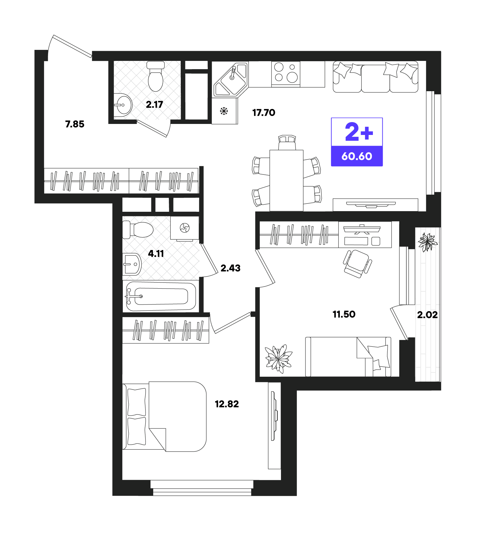 2-комнатная 60 м2 в ЖК Отличие корпус null этаж 19