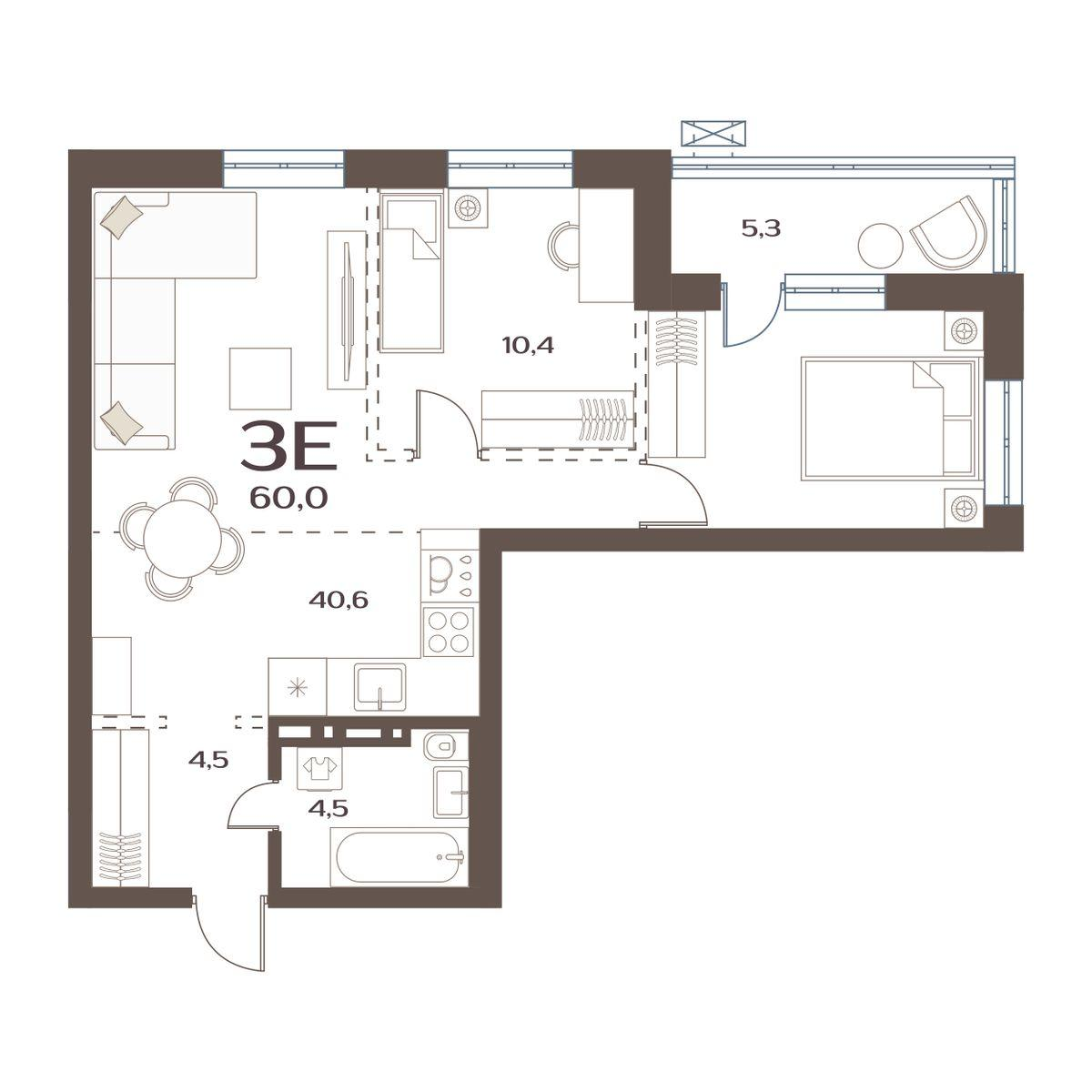 2-комнатная 60 м2 в ЖК Меридианы Улисса корпус null этаж 5
