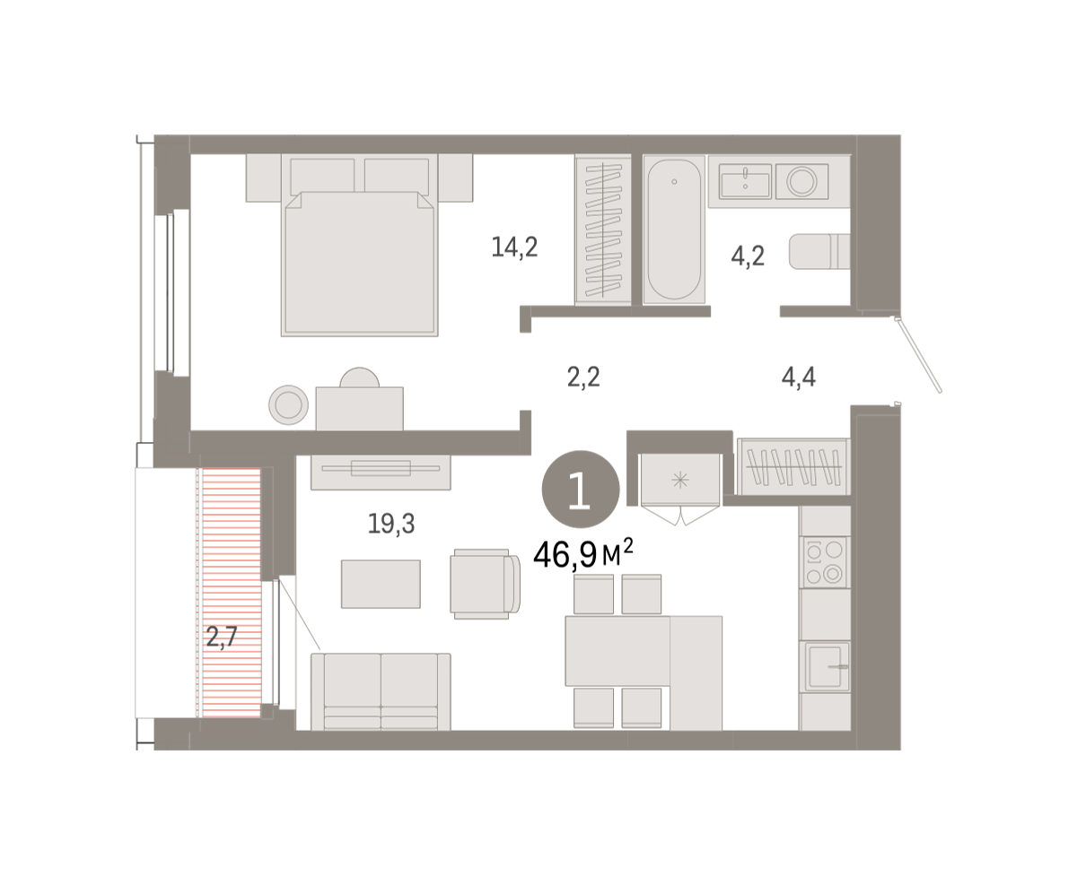 1-комнатная 46 м2 в ЖК Зарека корпус null этаж 15