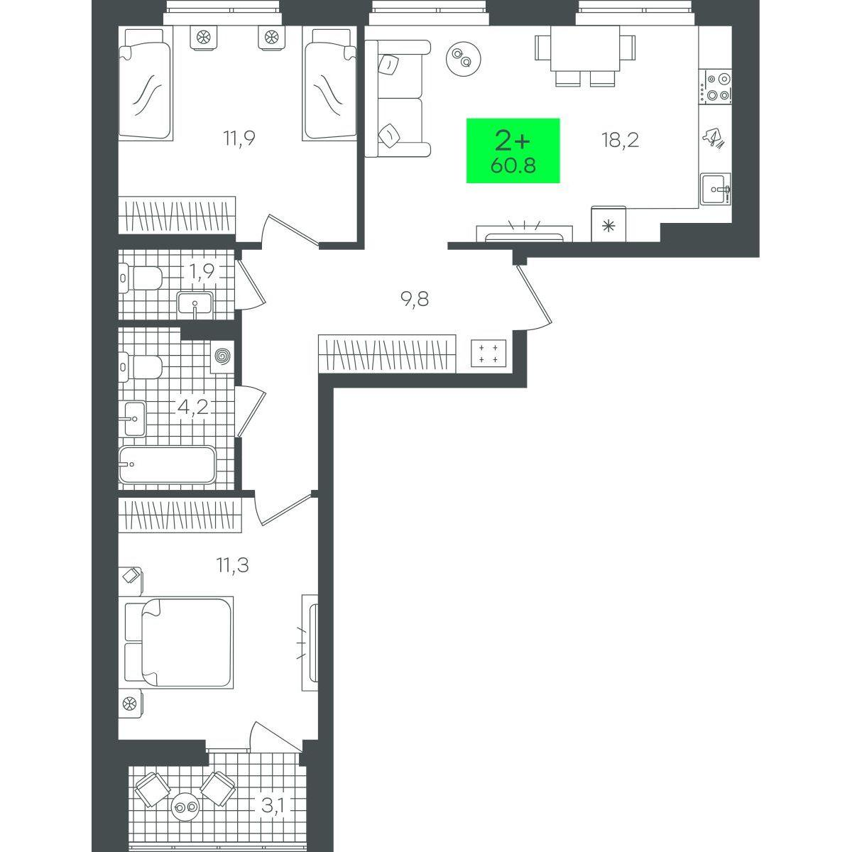 2-комнатная 60 м2 в ЖК Гранд Квартал корпус null этаж 7