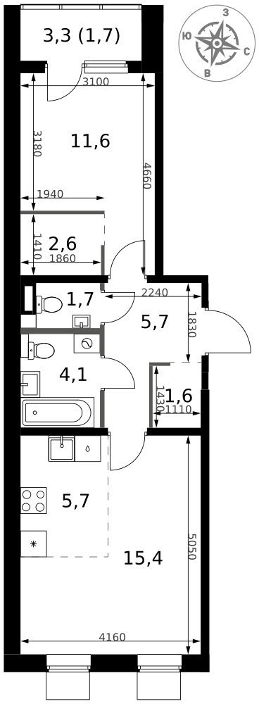 2-комнатная 50 м2 в ЖК 1-й Ясеневский корпус null этаж 3