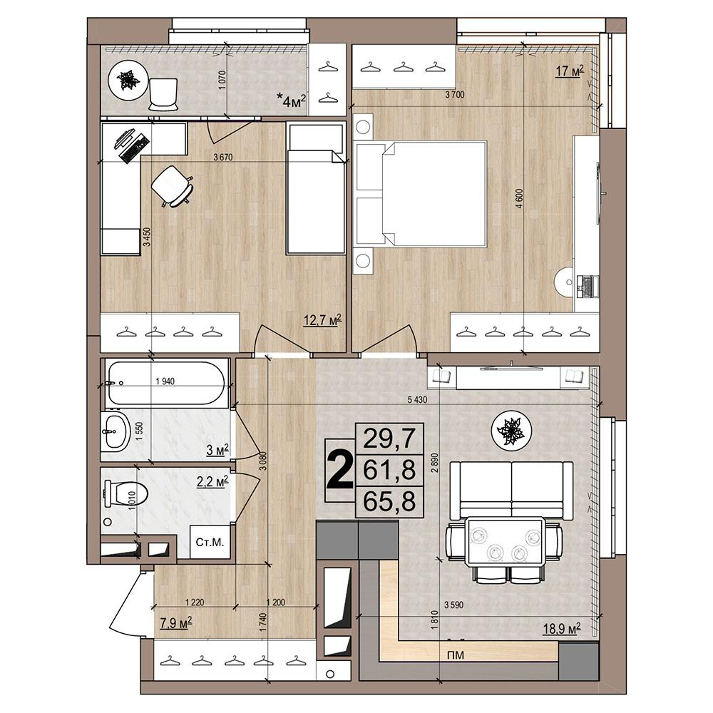2-комнатная 65 м2 в ЖК Гранд Комфорт-2 корпус null этаж 6
