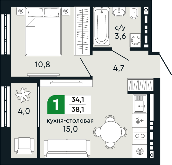 1-комнатная 38 м2 в ЖК Green Park корпус null этаж 9