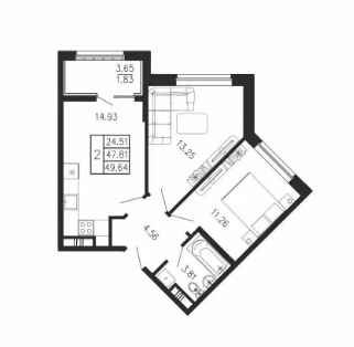 2-комнатная 49.7 м2 в ЖК undefined корпус null этаж 5