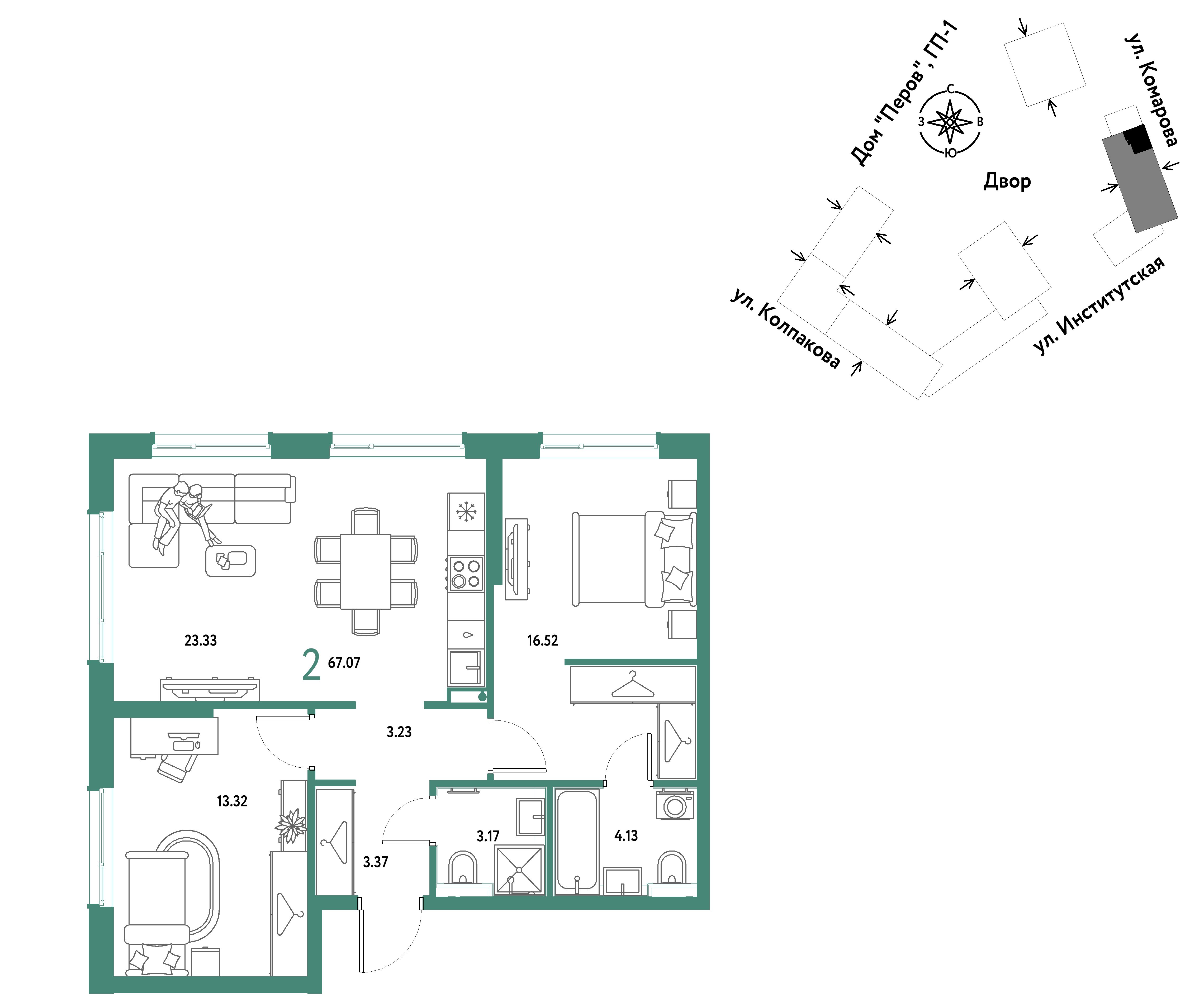 2-комнатная 67 м2 в ЖК Страна.Парковая корпус null этаж 6