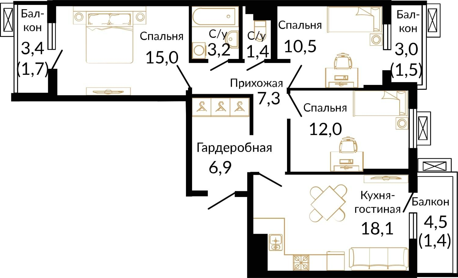 3-комнатная 79 м2 в ЖК Южане корпус null этаж 12