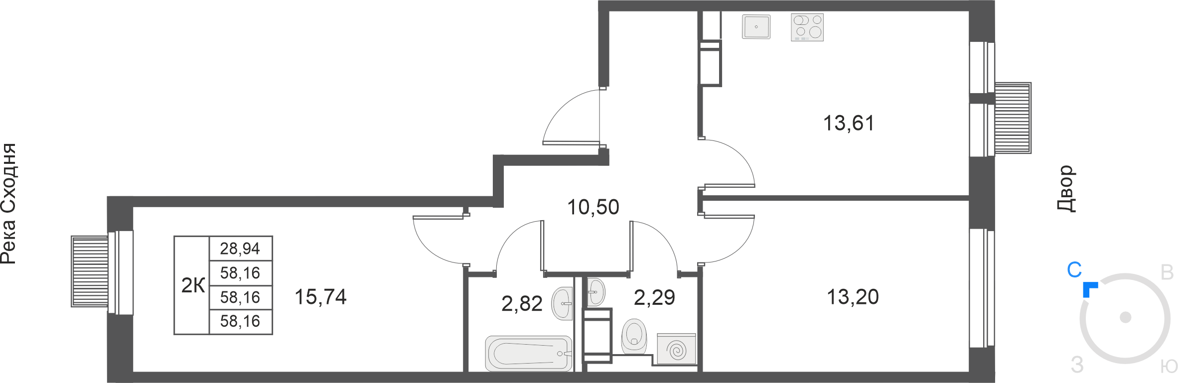 2-комнатная 58 м2 в ЖК Большое Путилково (УРАЛСИБ) корпус null этаж 12