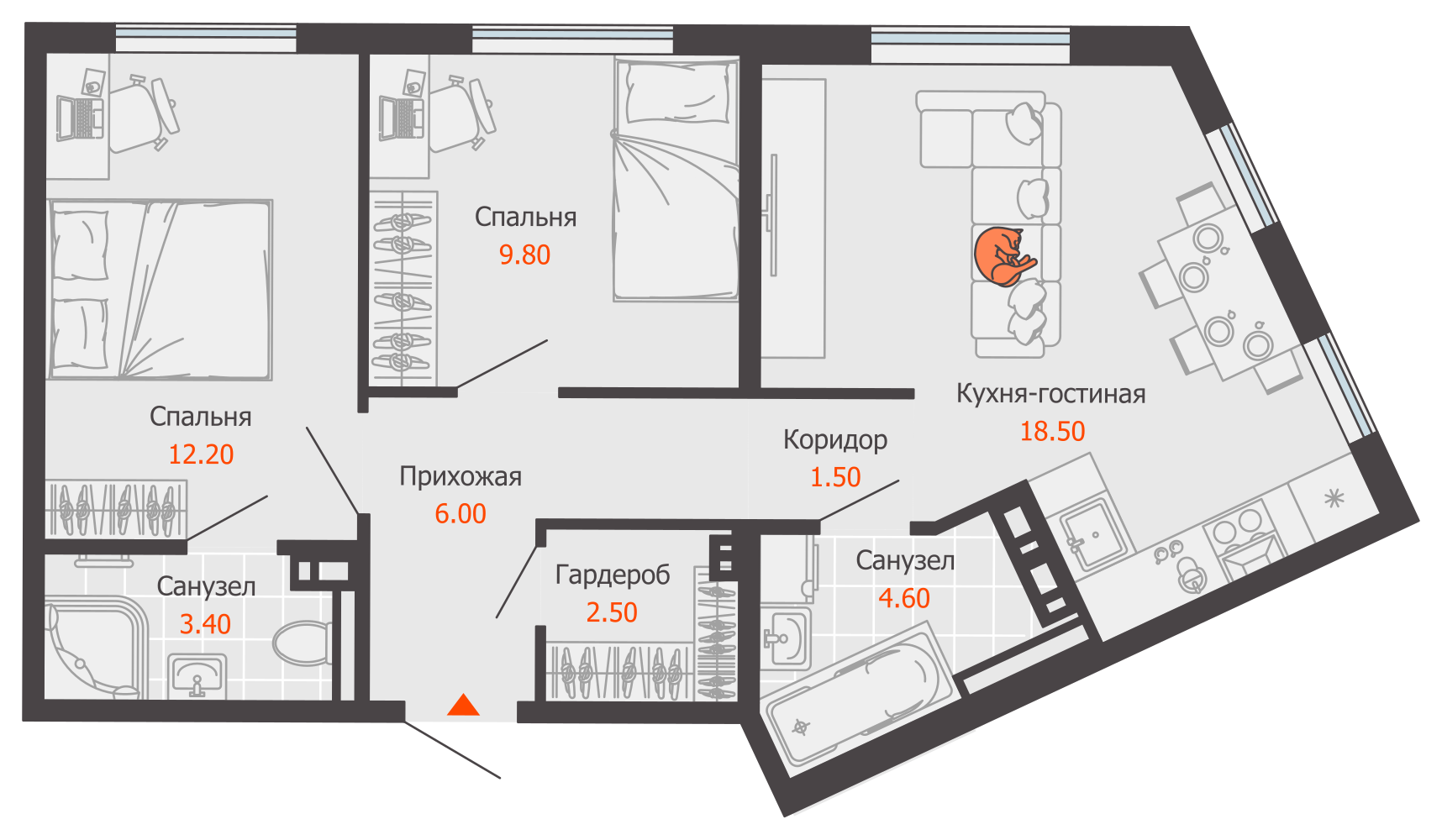 3-комнатная 58 м2 в ЖК ЖК Город Новаторов корпус null этаж 7