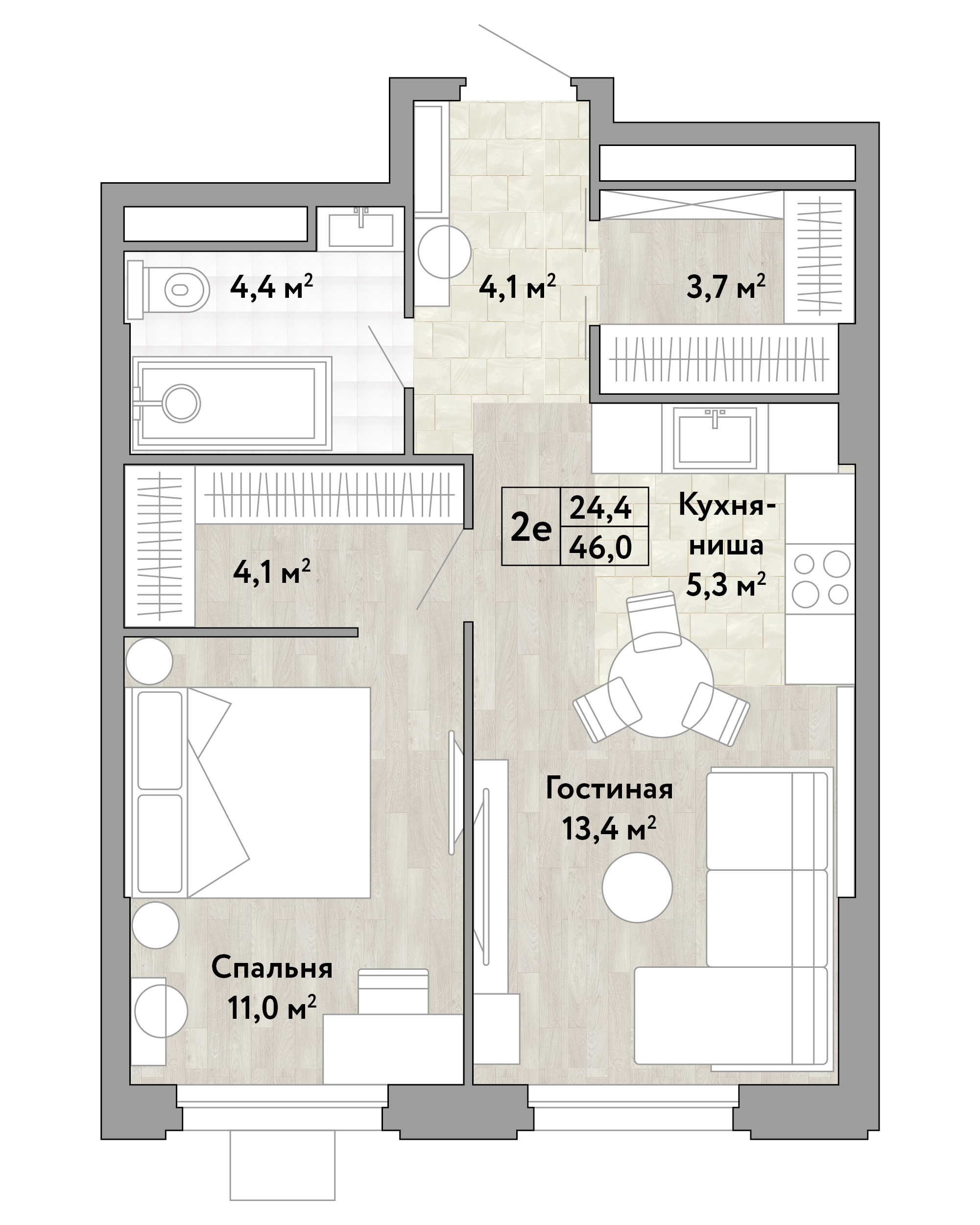 1-комнатная 46 м2 в ЖК Новые Смыслы корпус null этаж 6