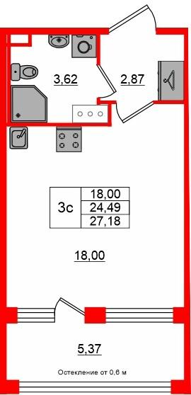 Студия 24 м2 в ЖК Сэтл Лофт корпус null этаж 7