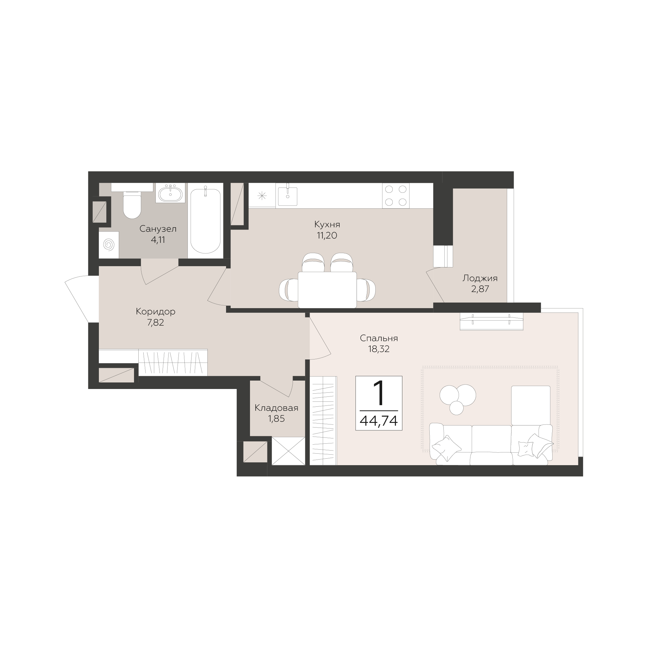 1-комнатная 44 м2 в ЖК Скай корпус null этаж 8