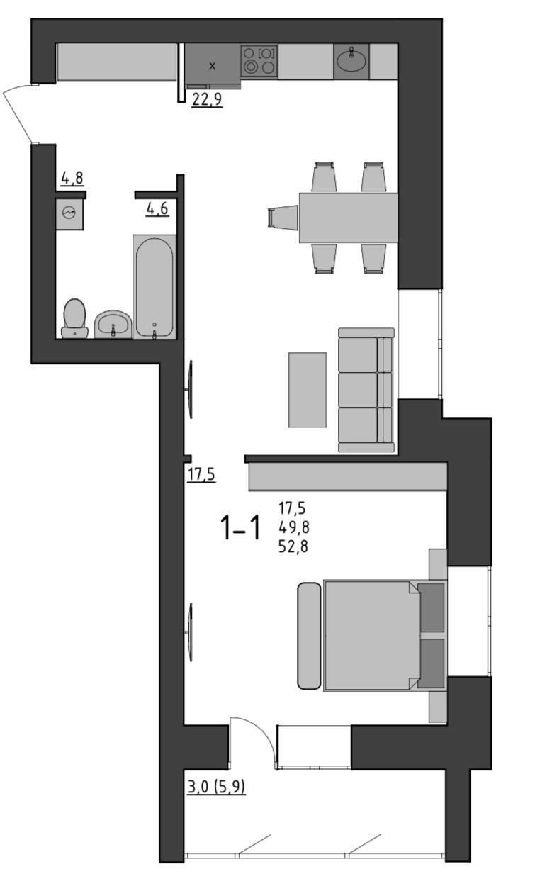 1-комнатная 55.1 м2 в ЖК undefined корпус null этаж 8