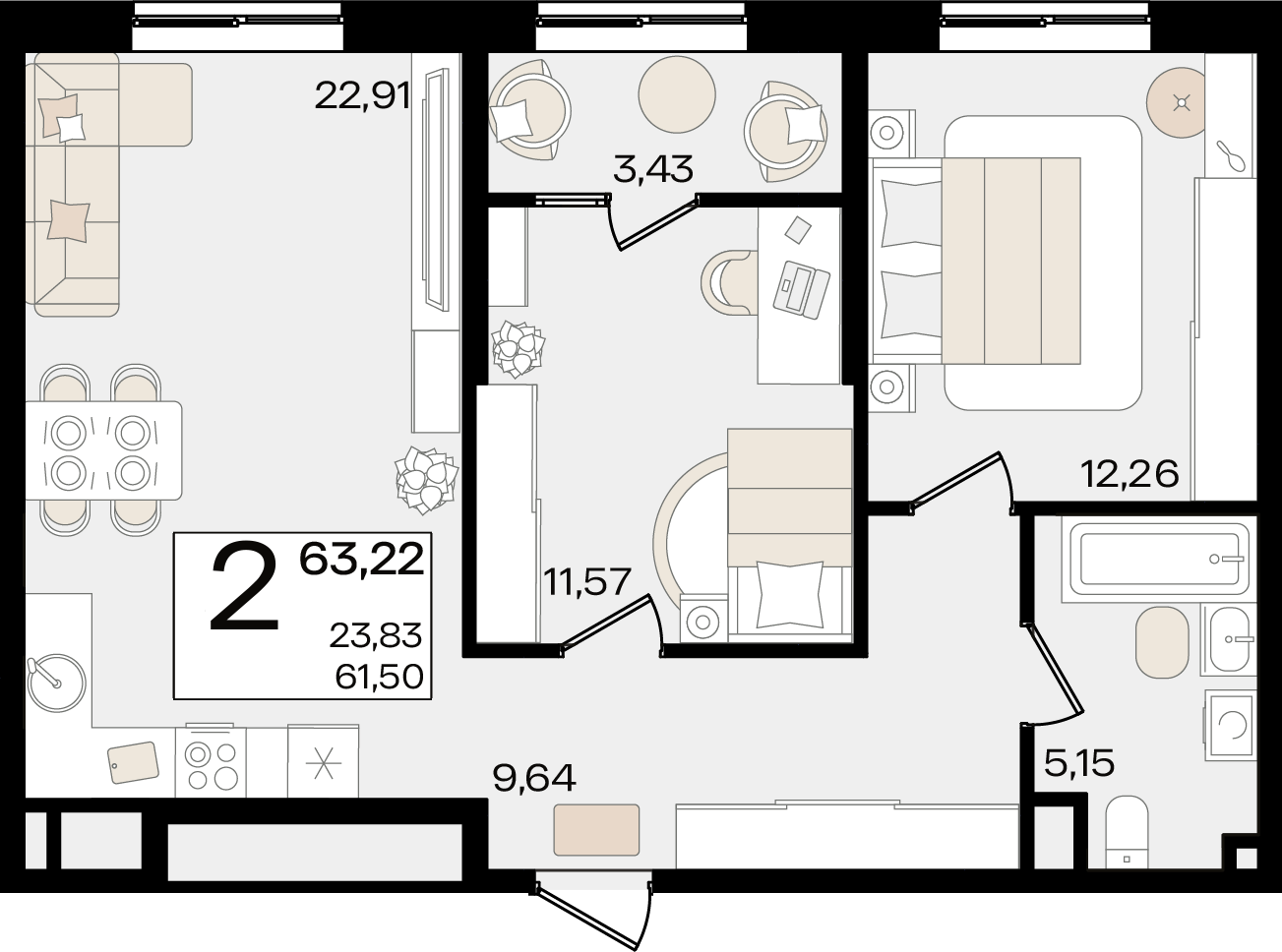 2-комнатная 63 м2 в ЖК Патрики корпус null этаж 9