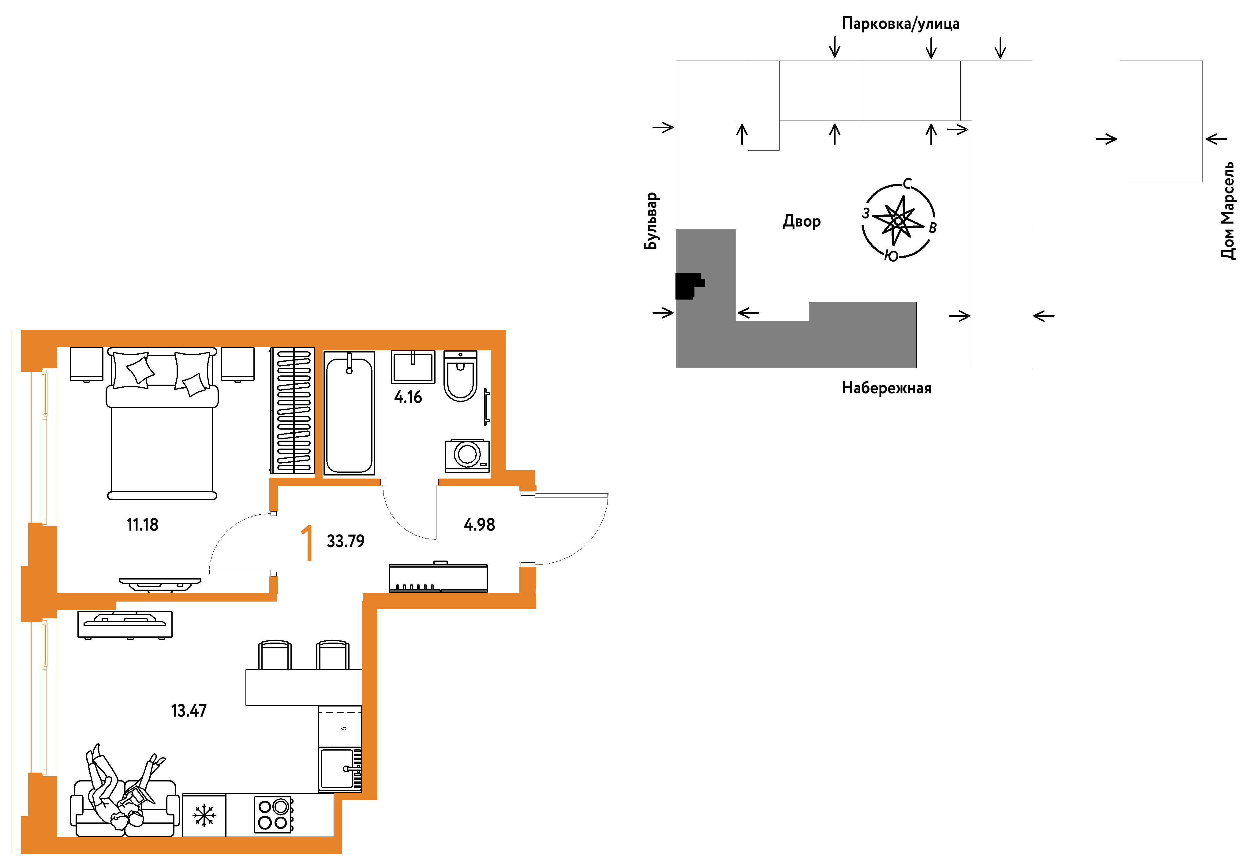1-комнатная 33 м2 в ЖК Европейский берег 2.0 корпус null этаж 2