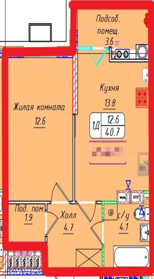 1-комнатная 40.7 м2 в ЖК undefined корпус null этаж 7