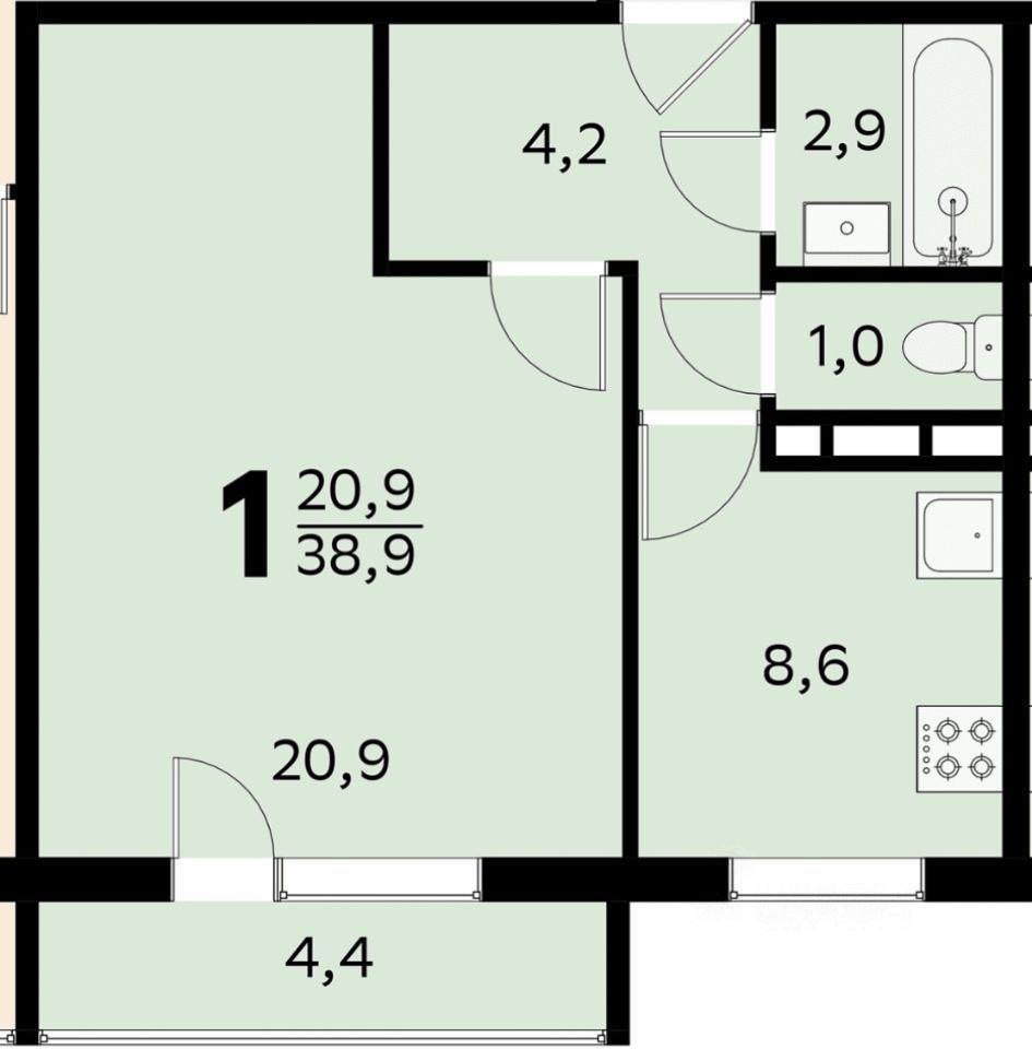 1-комнатная 38.9 м2 в ЖК undefined корпус null этаж 14