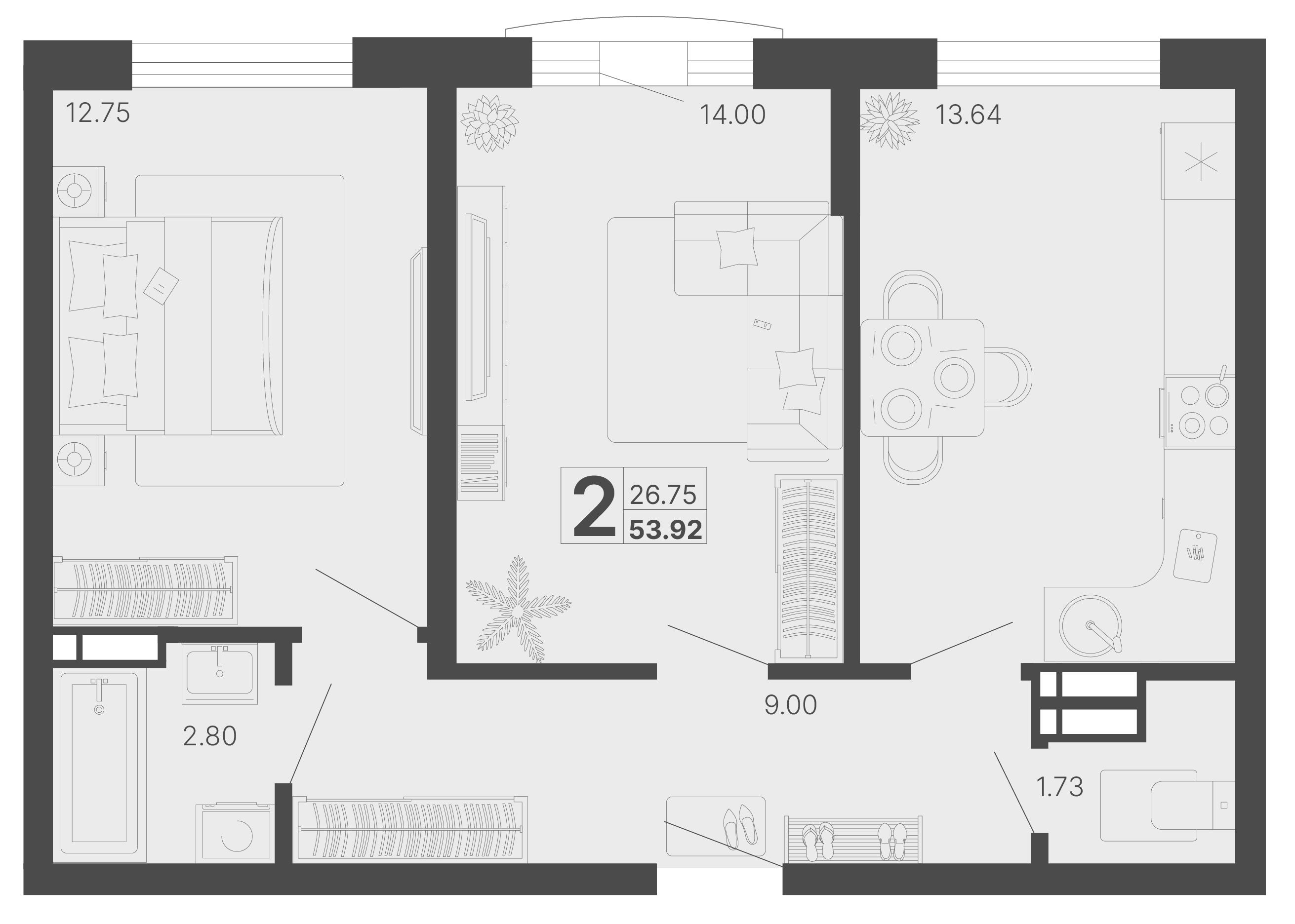 2-комнатная 53 м2 в ЖК Светский лес корпус null этаж 14