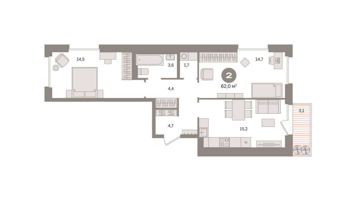 2-комнатная 61 м2 в ЖК Квартал Герцена корпус null этаж 5