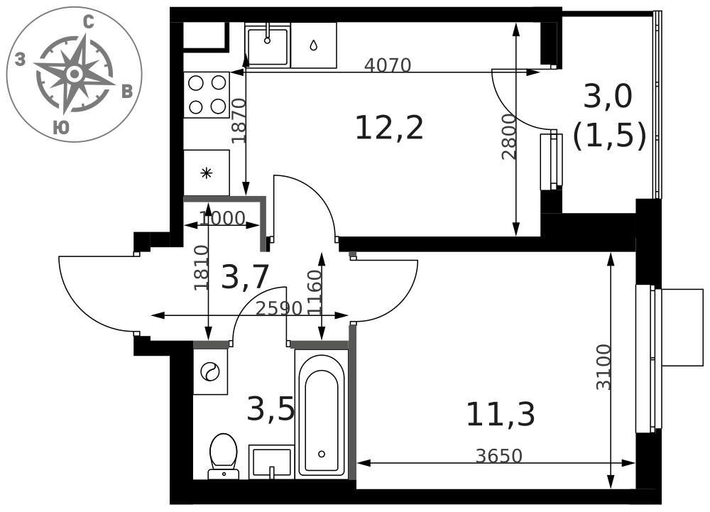 1-комнатная 32 м2 в ЖК 1-й Ясеневский корпус null этаж 3