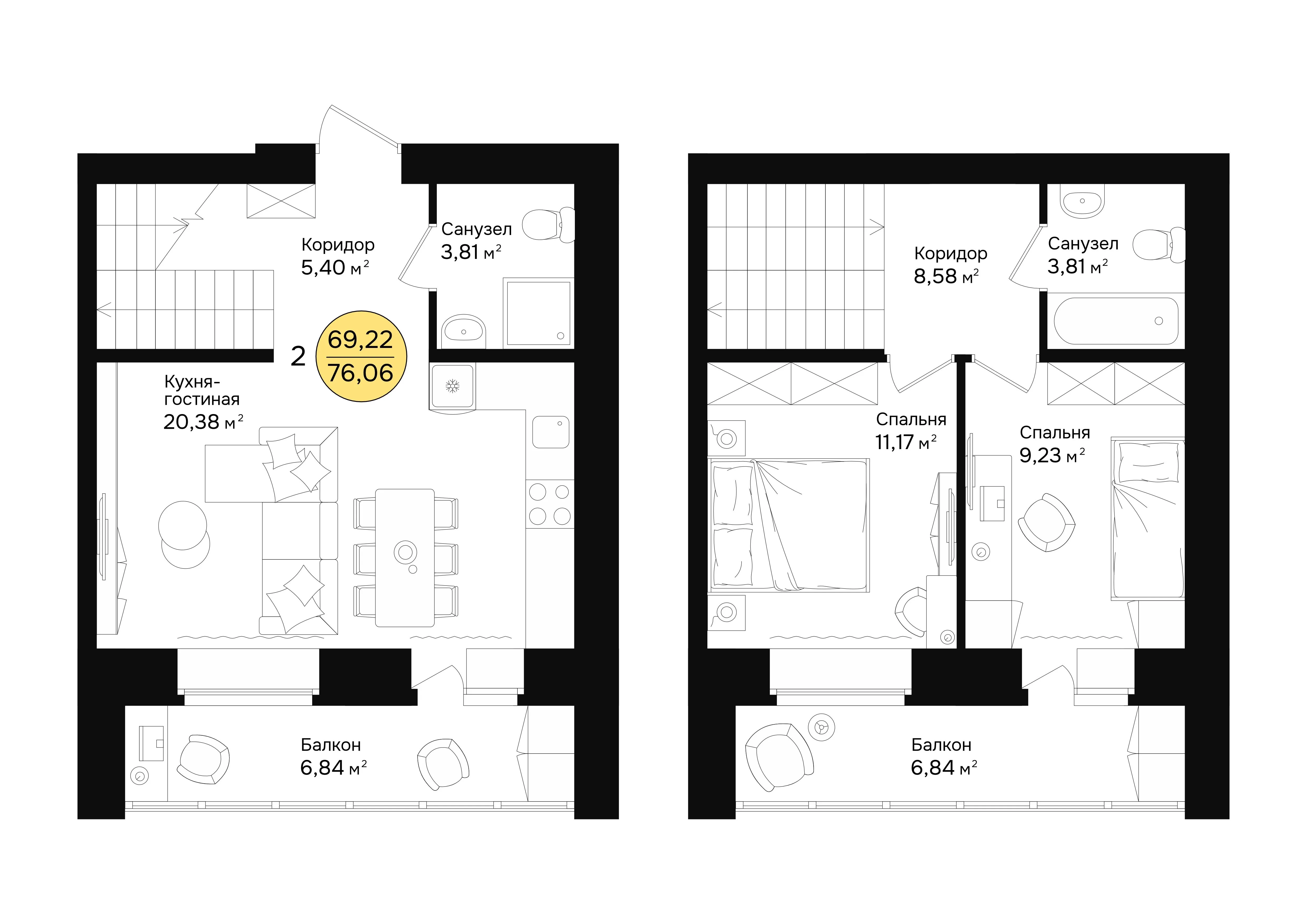 2-комнатная 75 м2 в ЖК Семейный Плюс корпус null этаж 8