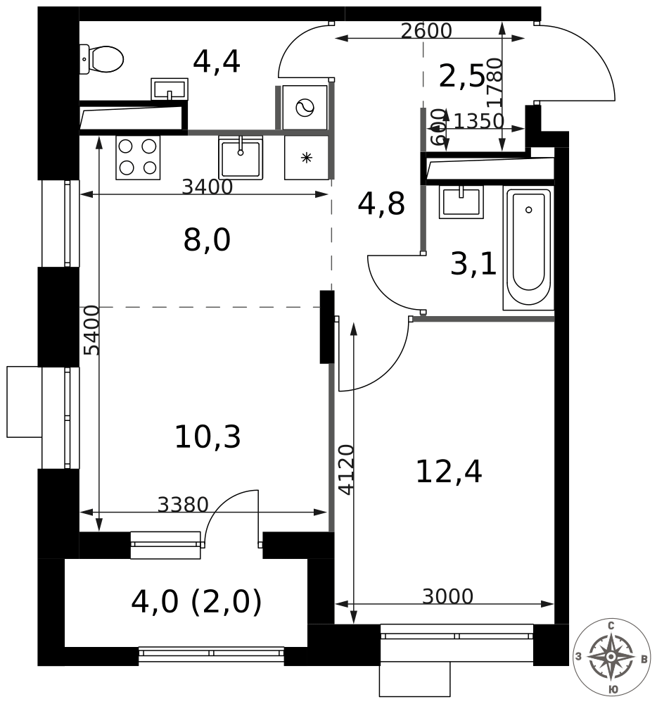 2-комнатная 47 м2 в ЖК 1-й Саларьевский корпус null этаж 21