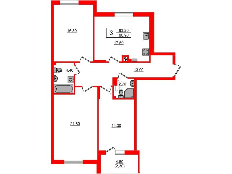3-комнатная 93 м2 в ЖК River Park-2 корпус null этаж 2