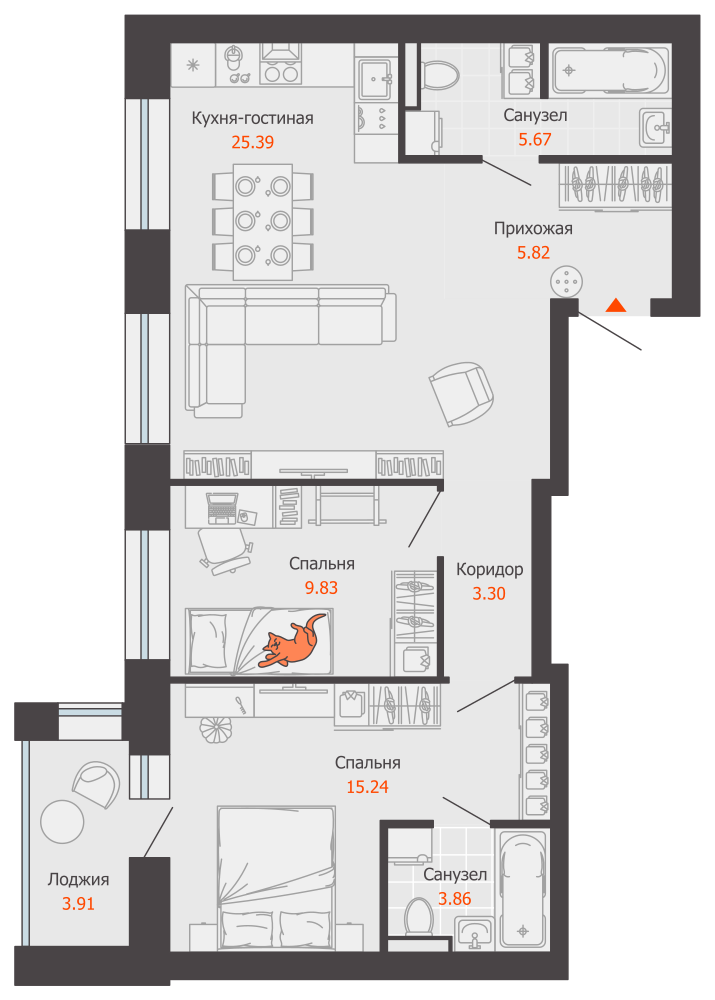 3-комнатная 71 м2 в ЖК ЖК Город Новаторов корпус null этаж 6