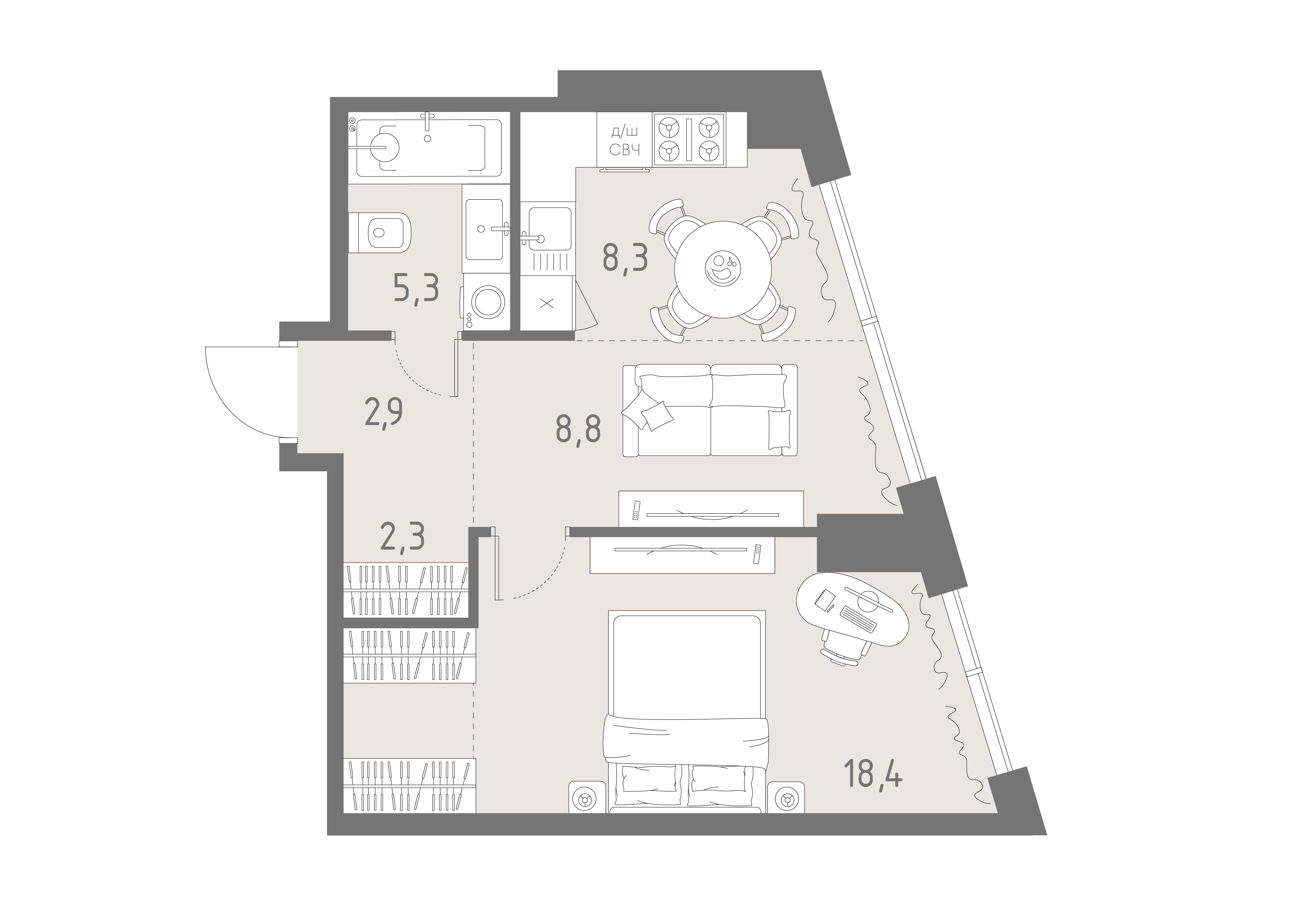 2-комнатная 46 м2 в ЖК Родина парк корпус null этаж 5