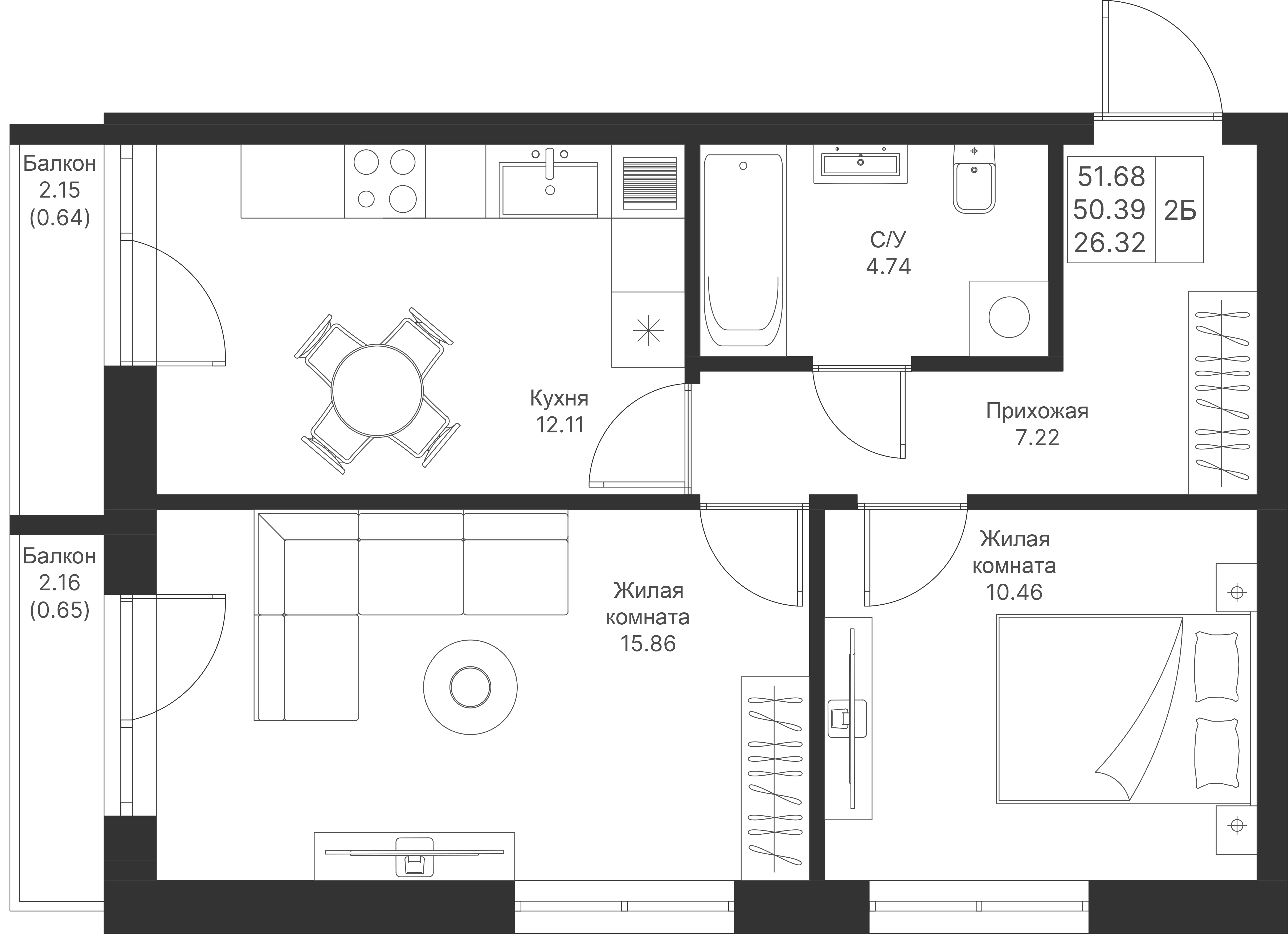 2-комнатная 51 м2 в ЖК Мой Ритм корпус null этаж 6