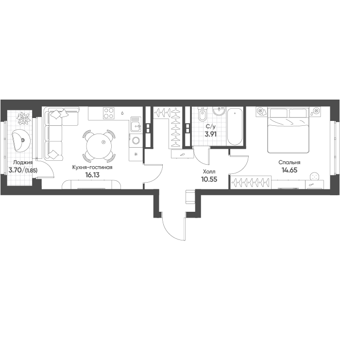 1-комнатная 46 м2 в ЖК Солнечный корпус null этаж 13