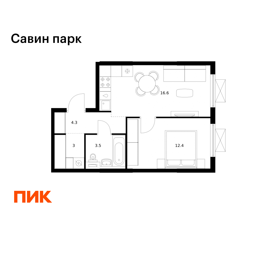 1-комнатная 39 м2 в ЖК Савин парк корпус null этаж 22