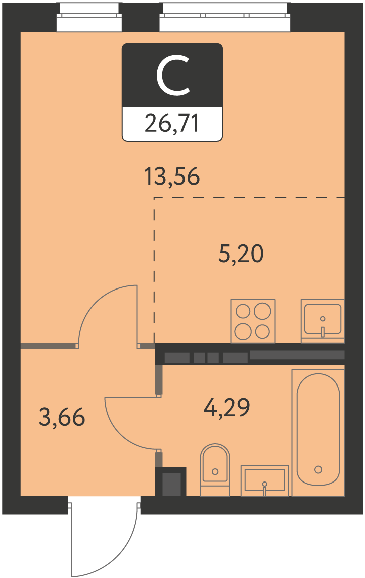1-комнатная 26 м2 в ЖК Спутник-1 корпус null этаж 6