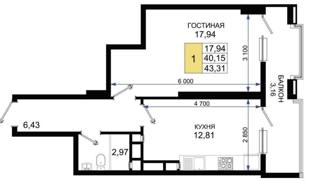 1-комнатная 43.3 м2 в ЖК undefined корпус null этаж 7