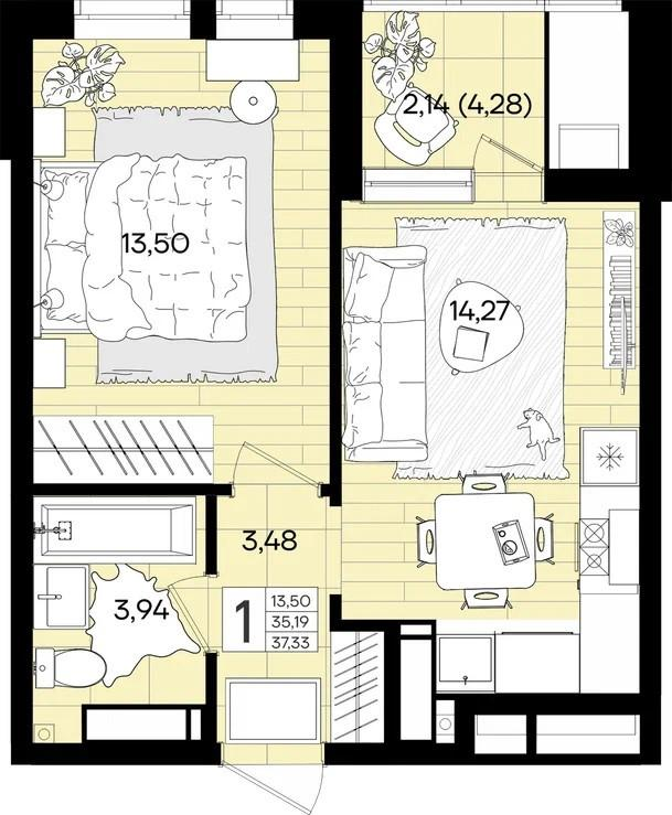 1-комнатная 23.2 м2 в ЖК undefined корпус null этаж 12