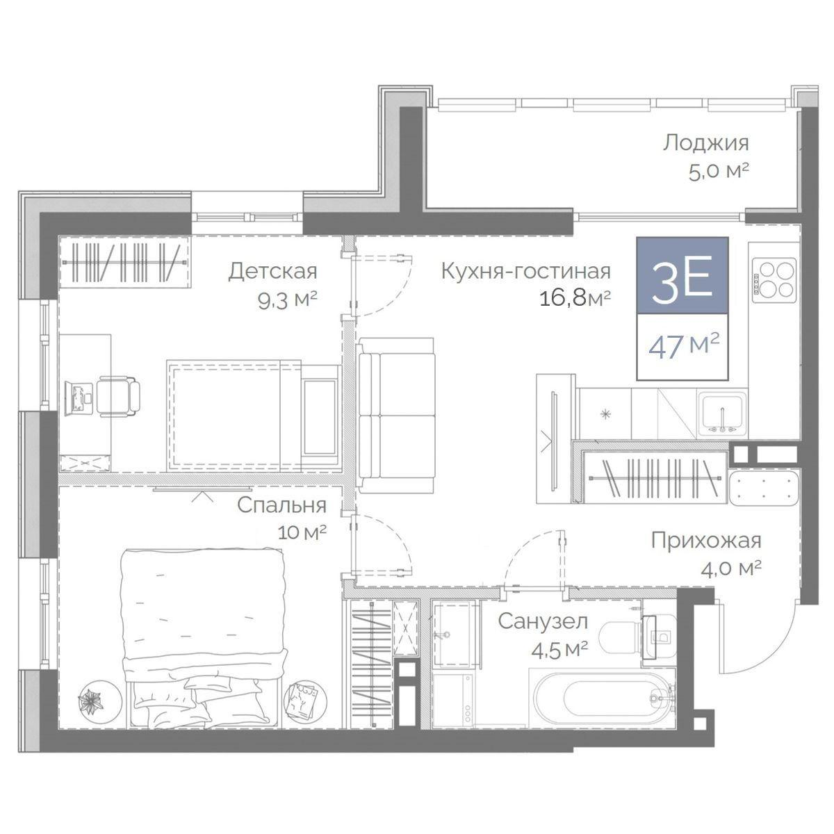 3-комнатная 47 м2 в ЖК Днепровский корпус null этаж 15